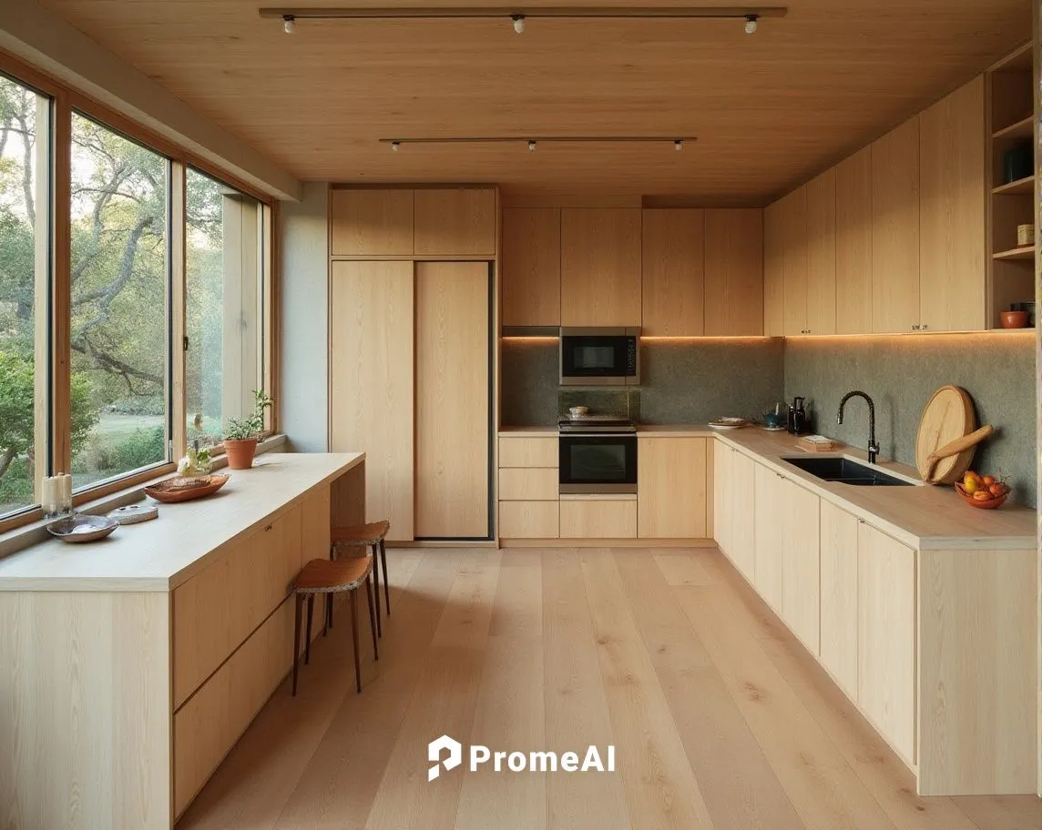 a view of a kitchen in the woods outside the window