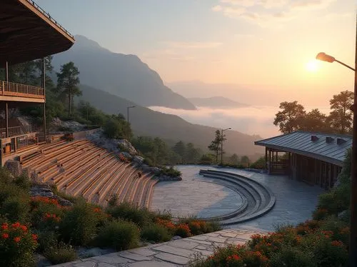 tanoa,amphitheater,house in the mountains,cryengine,riverwood,house in mountains,tigers nest,amphitheatre,the cabin in the mountains,shambhala,terraces,cliffside,kotor,render,koyasan,overlook,mountain settlement,alpine village,open air theatre,terrace,Photography,General,Realistic