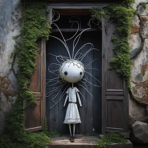 frankenweenie,garden door,studio ghibli,fairy door,dandelion hall,mayweed,alice,creepy doorway,home door,agnes,marionette,the door,poppy seed,fairy tale character,wrought,in the door,maiden anemone,doll's house,fairytale characters,pearl onion,Conceptual Art,Graffiti Art,Graffiti Art 02