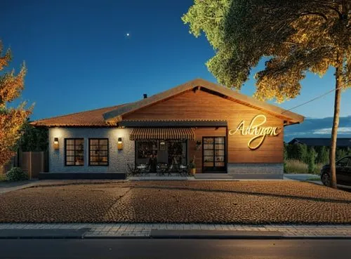 the front of a restaurant at night time,alpine restaurant,ristorante,restaurant,gastropub,country hotel,a restaurant,Photography,General,Realistic