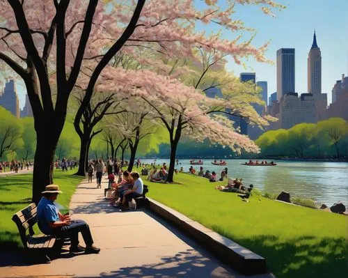 central park,photo painting,park bench,newyork,riverside park,herman park,cherry trees,art painting,world digital painting,picnickers,picnicking,springtime background,lefrak,new york,cherry blossom festival,the cherry blossoms,conservancy,springtime,pintor,manhattan,Conceptual Art,Oil color,Oil Color 12