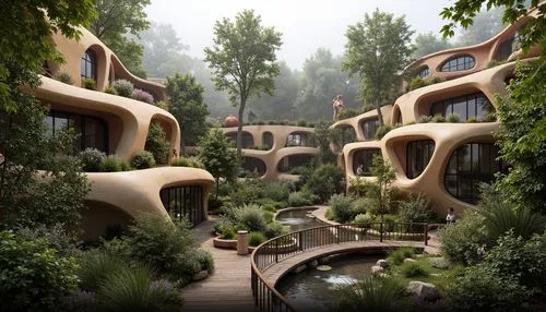 ecotopia,treehouses,ecovillages,biospheres,futuristic architecture,futuristic landscape,cube stilt houses,biomes,ecovillage,hanging houses,earthship,biopiracy,arcology,rivendell,3d rendering,terraformed,tree house hotel,interlace,masdar,biomimicry