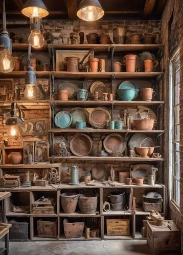 pottery,wooden buckets,stoneware,copper cookware,astier,kienholz,dish storage,kitchenware,houseware,kitchen shop,storeroom,rustic,rustic aesthetic,cast iron,clay jugs,basketmakers,woodshed,ceramicist,vintage kitchen,enamelware,Conceptual Art,Fantasy,Fantasy 23