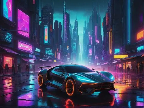 Futuristic digital art, auto-generated images, vibrant neon colors, glowing circuits, 3D modeled futuristic cityscape, sleek skyscrapers, holographic advertisements, cyberpunk atmosphere, rainy night,