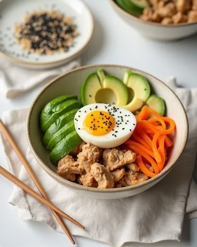 A photo of an elegant Korean bowl with avocado, cucumber, and carrot slices, chicken pieces, and a half-boiled egg on top. The food is placed in the center of the beige clay dish, which rests on a whi