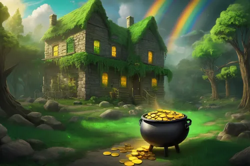 pot of gold background,pot of gold,leprechaun,fairy house,candy cauldron,little house,lonely house,mushroom landscape,witch's house,gold castle,house in the forest,treasure house,cartoon video game background,druid grove,irish stew,fantasy picture,witch house,magical adventure,mushroom island,cauldron,Conceptual Art,Fantasy,Fantasy 02