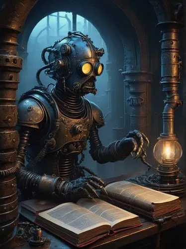 sci fiction illustration,spellbook,watchmaker,clockmaker,steampunk,book electronic,magic book,intellipedia,automaton,man with a computer,dictionarium,mechana,prognosticator,scholar,roboticist,instrumentarium,bibliographer,automata,mechanician,antiquarian,Illustration,Retro,Retro 16