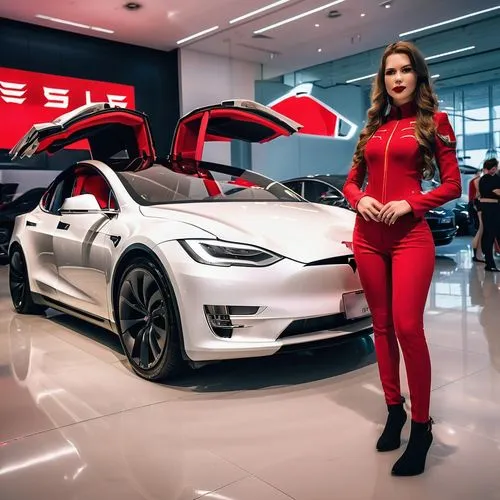 A gorgeous show girl 18 years old, elaborate stunning and very strikingly dressed as advertising show girl presenting a new TESLA automobil in a TESLA show room,teslas,tesla model x,model s,supercharg