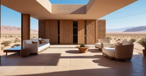 dunes house,landscapre desert safari,cabana,rhyolite,desert landscape,3d rendering,desert desert landscape,luxury property,the atacama desert,corten steel,desert,riad,the desert,interior modern design,marrakesh,dubai desert,contemporary decor,render,archidaily,sliding door,Photography,General,Realistic