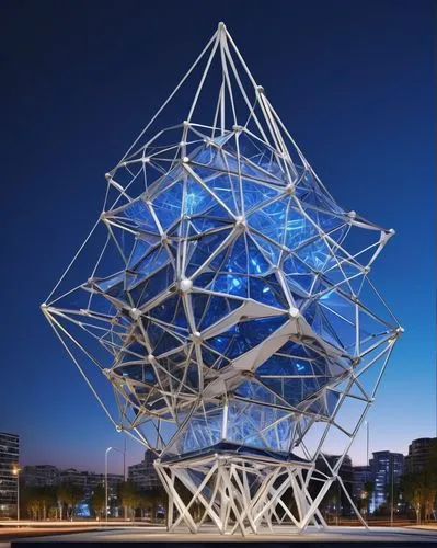 Tensegrity architecture, futuristic building, complex geometric structure, interconnected modules, stainless steel cables, white concrete nodes, transparent glass surfaces, reflective metallic accents