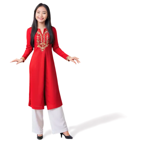 beautiful girl, Vietnamese, solo, (20yo), delicate features, bright smile, long black hair, natural makeup, red ao dai, white pants, golden necklace, standing, soft focus, warm lighting, 3/4 compositi