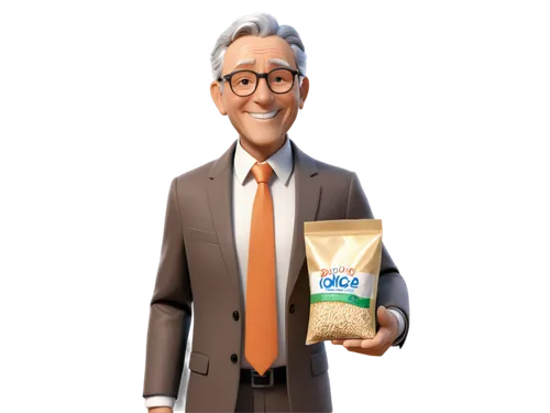 Uncle Ben, senior man, gentle smile, grey hair, glasses, brown suit, white shirt, tie, holding rice packet, warm lighting, 3/4 composition, shallow depth of field, realistic texture, cinematic mood.,u