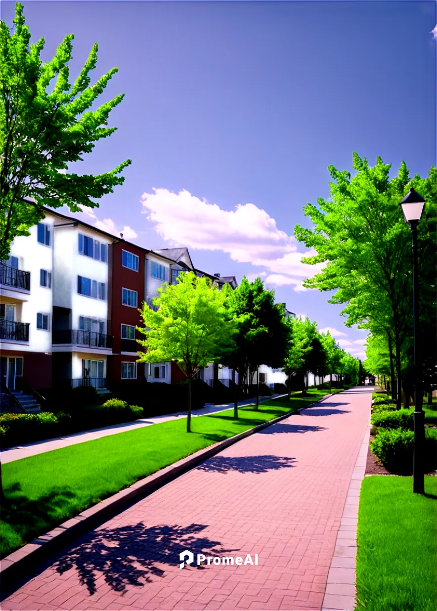 residential area, suburban neighborhood, sunny day, blue sky, white fluffy clouds, row of trees, vibrant green grass, modern apartments, balconies with railings, outdoor furniture, potted plants, walk