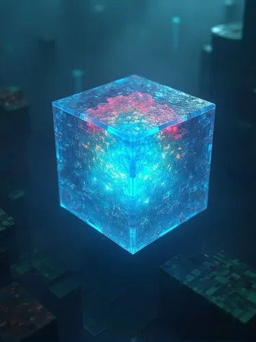 Minecraft rainbow, glowing blue core, creepers, transparent glass-like exterior, intricate pixelated details, floating in mid-air, dark misty background, eerie ambiance, soft pulsing lighting, 3/4 com