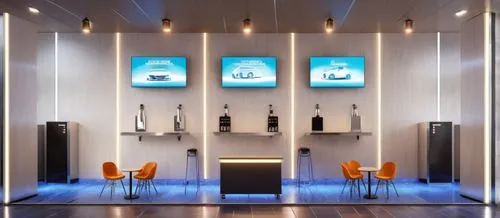 Commercial stand above car wash centers and service stations, with bar area, LED lighting, raised floor,a very modern looking room with some chairs and art,bar counter,liquor bar,wine bar,modern decor