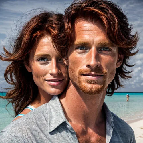 a guy and a girl in a paradisiac beach ,redheads,redhair,surfer hair,redheaded,henne strand,adam and eve,antilles,portrait photographers,red head,red-haired,lavezzi isles,caye,man and wife,irish sette