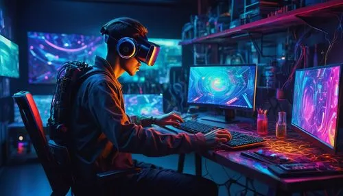 cyberpunk,computer addiction,gamer,man with a computer,gamer zone,lan,cyber,computer game,gaming,computer freak,computer room,computer,computer art,cyber glasses,coder,playing room,girl at the computer,computer games,digital creation,dj,Illustration,Children,Children 03