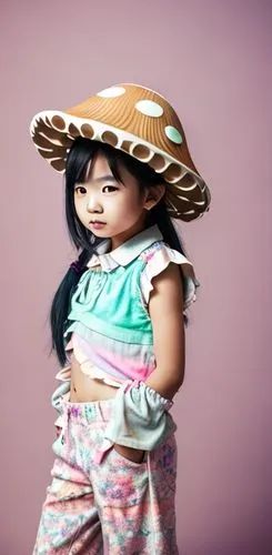 Asian girl with mushroom on her head and pastel colored clothes,asian costume,sombrero,digital painting,female doll,vietnamese woman,asian conical hat,little girl with umbrella,girl wearing hat,kids i