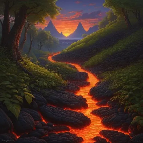 lava river,lava,lava cave,lava flow,volcanic landscape,volcano,volcanos,fire mountain,lava plain,fire in the mountains,volcanic,volcanic field,forest fire,volcanism,lava tube,krafla volcano,scorched earth,burned land,fantasy landscape,mountain sunrise,Illustration,Realistic Fantasy,Realistic Fantasy 27