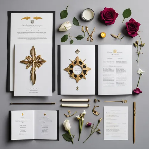 Devise a modern funeral program template incorporating a unique layout and meaningful symbols.,gold foil dividers,wedding invitation,gold foil shapes,gold foil art,blossom gold foil,cream and gold foi