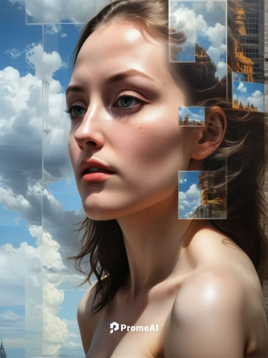 Hanna's face is a mystery as she gazes reverently into the glittering sky, capturing the essence of her magic. The skyscrapers of glass and stone loom behind her, casting a shadow over her body.,image