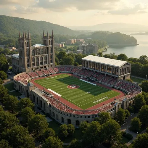 Majestic gothic-style football stadium, grandiose arches, ribbed vaults, ornate facades, stained glass windows, dramatic steeples, lush greenery, rolling hills, serene lakeside, misty atmosphere, warm