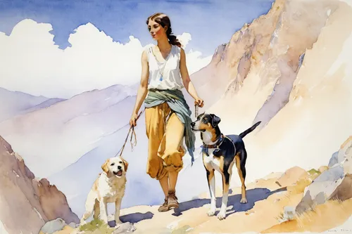 girl with dog,dog walker,goatherd,shepherd,dog hiking,hikers,mountain guide,afghan hound,watercolor women accessory,the good shepherd,walking dogs,dog illustration,entlebucher mountain dog,travel woman,pyrenean shepherd,hunting dogs,english shepherd,dog walking,shepherd dog,east-european shepherd,Illustration,Paper based,Paper Based 23