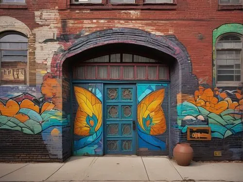 Counterculture architecture, colorful graffiti, eclectic mix of vintage and modern elements, ornate wooden doors, psychedelic patterns, stained glass windows, vibrant murals, industrial pipes, exposed