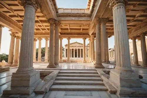 Ancient Greek temple, marble material, detailed stone carvings, ornate columns, symmetrical facade, grand entrance, staircases, arches, vaulted ceiling, intricate moldings, weathered texture, warm aft