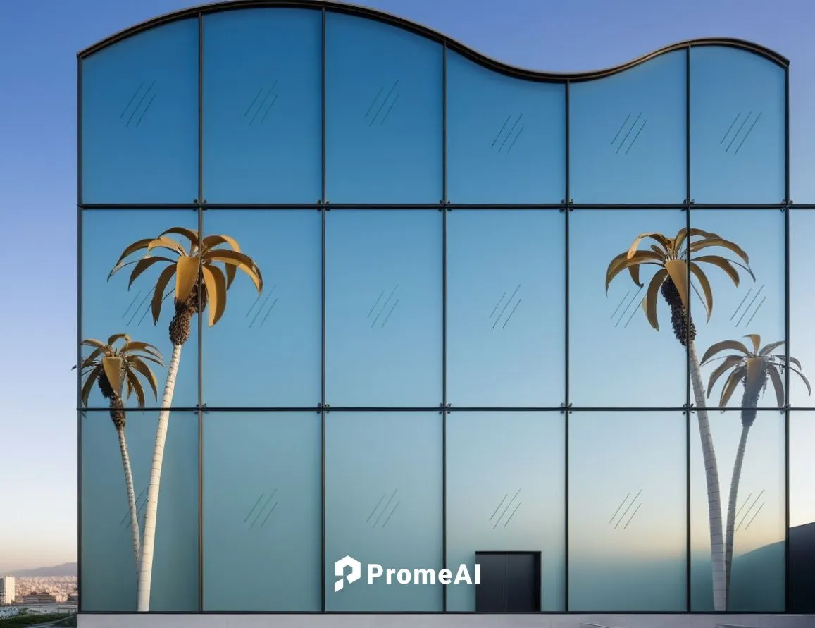 No modifiques nada solo agrega realismo ,the large windows have two palm trees on them,glass facade,glass facades,glass building,structural glass,glass panes,penthouses,facade panels,the palm,skyscape