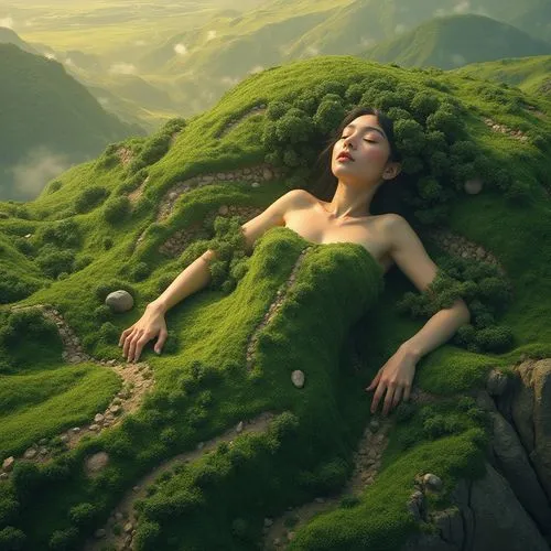 Surreal concept art of The form of the maiden who is lying down , she is the landscape and it forms her dress, creating hills and valleys of lush vegetation and grasses with meandering paths like stit