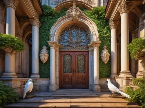 Baroque-style building, intricate stone carvings, grandiose entrance, ornate facade, majestic pillars, vibrant stained glass windows, lush greenery surrounding, a lone white bird perched on the roofto