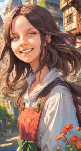 a girl's smile,girl in flowers,girl picking flowers,vanessa (butterfly),maya,cinnamon girl,flower painting,cheery-blossom,beautiful girl with flowers,flora,little girl in wind,girl in the garden,begonias,japanese sakura background,world digital painting,the girl's face,chestnut blossom,portrait background,studio ghibli,girl portrait,Digital Art,Anime