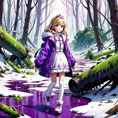 the princess girl in purple winter jacket and white dress is lost in the toxic waste forest,a person walking in the middle of a snowy forest,yukari,alpana,parsee,puella,touhou,alice in wonderland,Anim