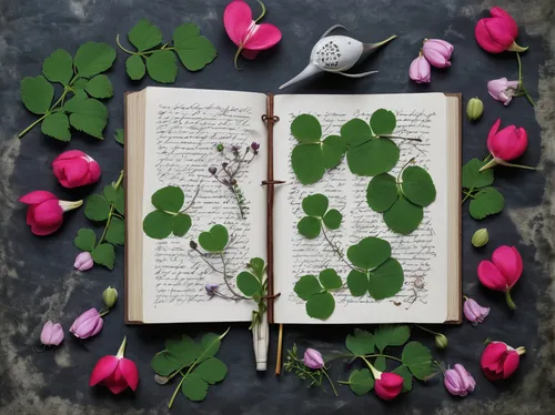 bookmark with flowers,clover leaves,violet woodsorrel,clovers,wood sorrel family,four-leaf clover,five-leaf clover,three leaf clover,oxalis,distressed clover,four leaf clover,wood-sorrel,4-leaf clover,wood sorrel,narrow clover,clover blossom,clover flower,4 leaf clover,dutch clover,a four leaf clover,Unique,Design,Knolling