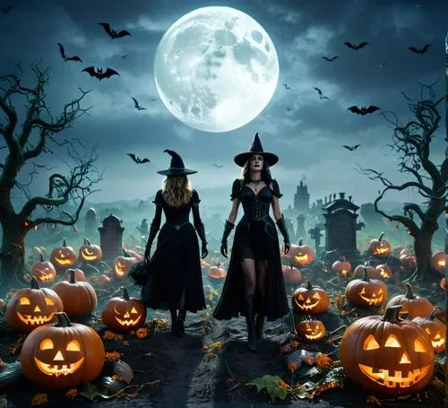 sexy Halloween witch in a foggy field of pumpkins on Halloween night with a full moon and bats flying in the sky
,two girls dressed in halloween costumes walking through a field of pumpkins,halloween 