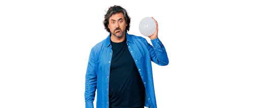 Middle-aged man, comedic expression, frustrated face, sweat droplets on forehead, messy hair, worn-out shirt, loose pants, awkward posture, holding a deflated balloon, embarrassed gesture, humorous li