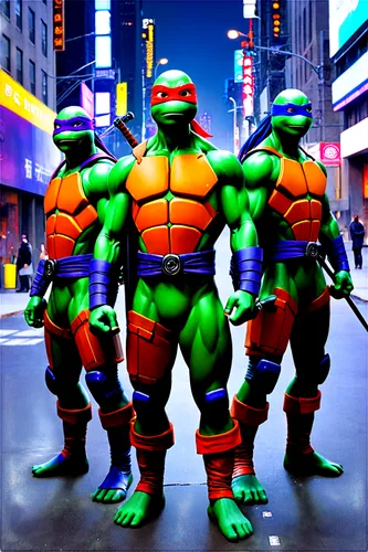 Four brothers, ninja turtles, green skin, red, orange, blue, purple masks, muscular bodies, ninja costumes, holding ninja swords, standing back-to-back, heroic poses, detailed facial expressions, shin