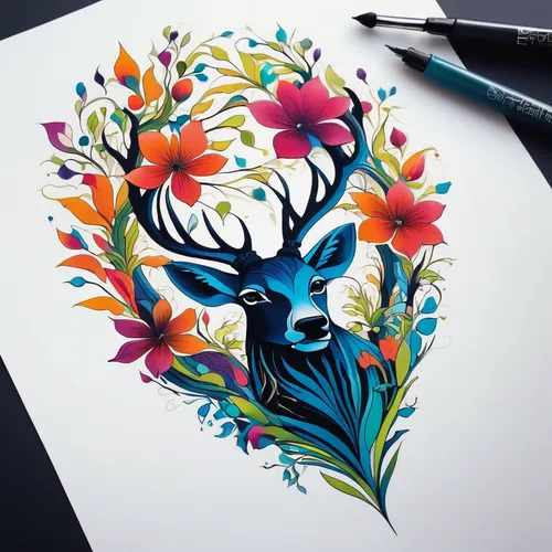 Create a vibrant, floral tattoo design for a hipster client.,deer illustration,deer drawing,flower and bird illustration,mandala flower illustration,flower illustrative,flower painting,flower animal,d