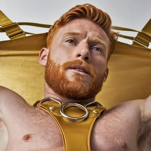 A 30 years old fit ginger man with a golden harness on his chest, golden jockstrap, view from below ,ginger rodgers,redbeard,sheamus,gingrichian,ginger,harness,leatherman,pectoral,harnessed,gingerich,