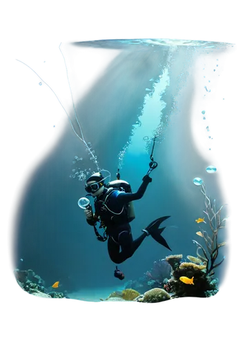 Underwater scene, ocean floor, coral reef, schools of fish, seaweed swaying, anglerfish with lure, shark in distance, scuba diving equipment, shiny metallic oxygen tank, colorful wetsuit, air bubbles 