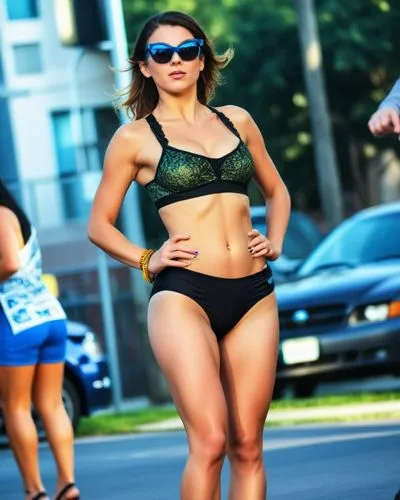 a girl is standing in the middle of a street with an intense look on her face,female runner,racewalker,menounos,female swimmer,racewalking,triathlon