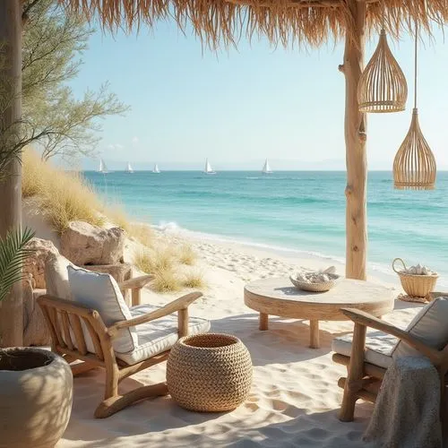 Coastal scenery, plum-colored accents, driftwood furniture, woven sea grass baskets, shells, starfish decorations, ocean-inspired textiles, beachy vibes, warm sandy dunes, clear turquoise water, sailb