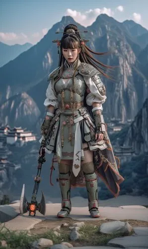 a woman dressed in armor standing on a rock with an axe,longmei,diaochan,zhui,female warrior,yuhuan,yi sun sin