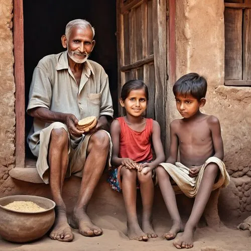 2 children sitting on ground 1 girl (6 year)and 1 boy (3 year) with there grandfather. grandfather is sitting on door  sill and  making small roti on Chula like in old time in  mud house ,adivasi,adiv