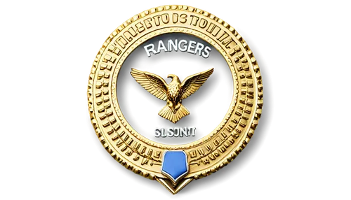 Ranger's badge, gold and silver metal, intricate design, eagle emblem, bold font, shiny surface, detailed texture, close-up shot, 45-degree angle, dramatic lighting, high contrast, cinematic compositi