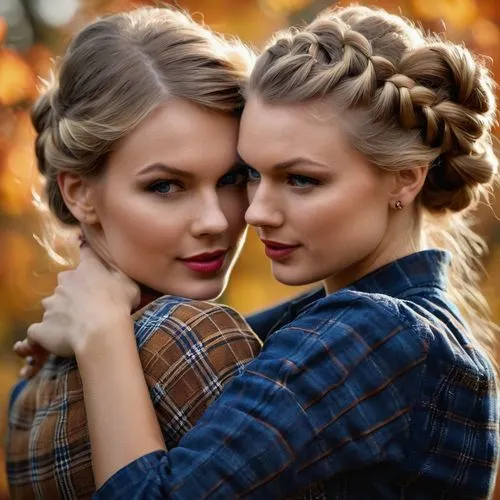 Two Taylor Swifts hugging wearing brown plaid shirts with hair up in a Dutch braid same hair style blue eyes blond hair in the fall season,braiding,vintage girls,beautiful photo girls,two girls,sister