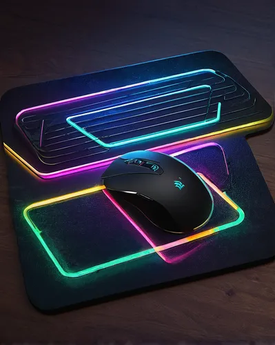 Create a futuristic mousepad with neon lights.,mousepad,computer mouse,wireless mouse,playmat,dance pad,neon light,neon coffee,neon arrows,computer keyboard,atari,game light,lab mouse top view,touchpa