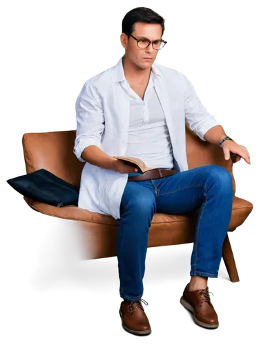 Man, reading book, indoor setting, mature adult, serious expression, black framed glasses, short brown hair, casual wear, white shirt, dark blue jeans, leather belt, sneakers, sitting on couch, relaxe