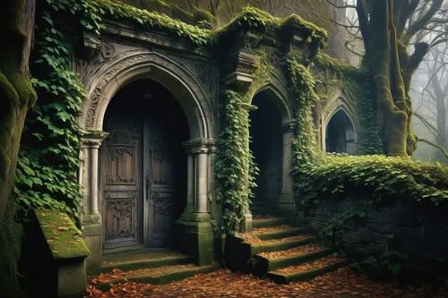 witch's house,haunted cathedral,doorways,witch house,the threshold of the house,forest chapel,creepy doorway,gothic style,nunery,ravenloft,abandoned place,hall of the fallen,crypts,moss landscape,ghost castle,abandoned places,sunken church,gothic,haunted house,abandoned house,Conceptual Art,Daily,Daily 15